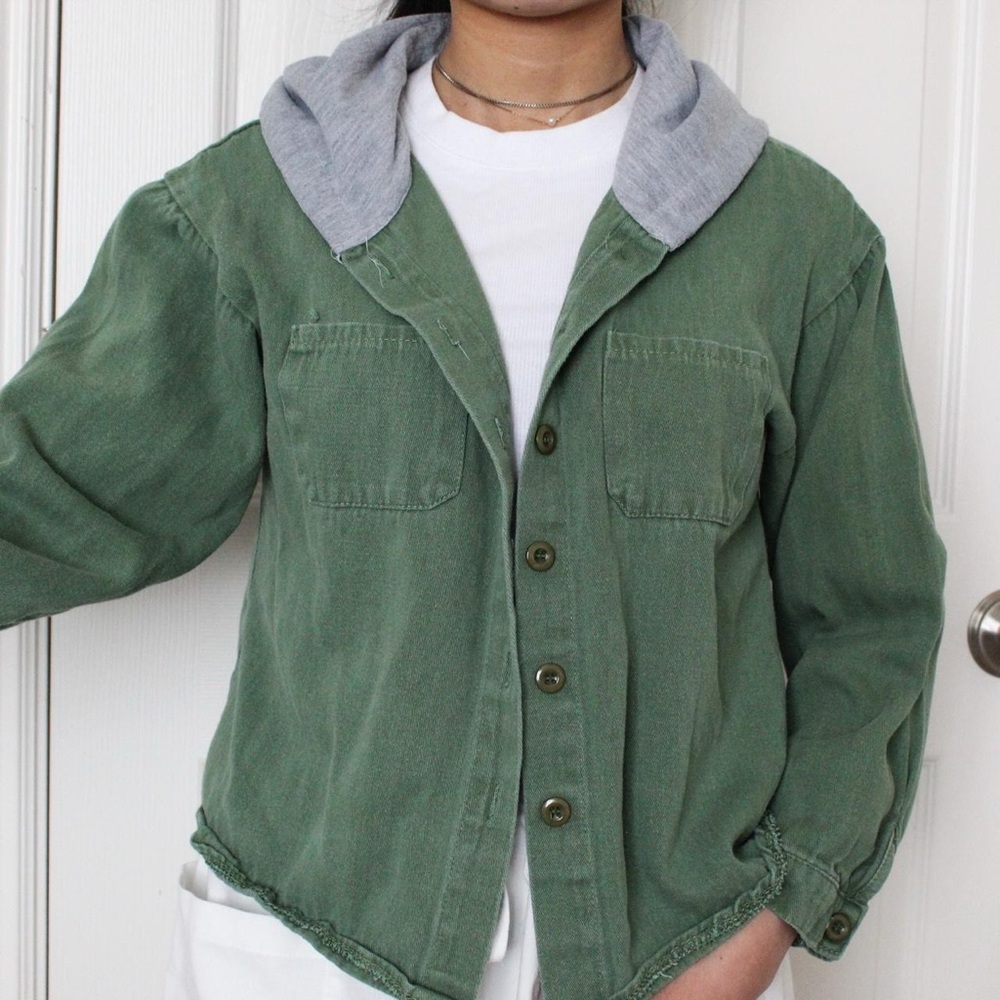 Green Button-Up Jacket with Gray Hood